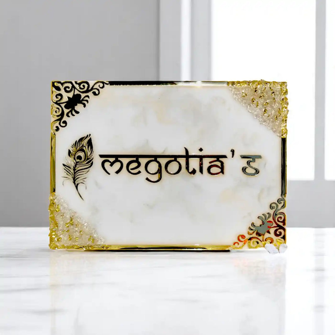 Personalized White & Gold Feather Theme Resin Name Plate