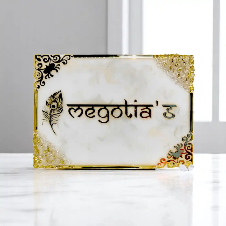 Personalized White & Gold Feather Theme Resin Name Plate