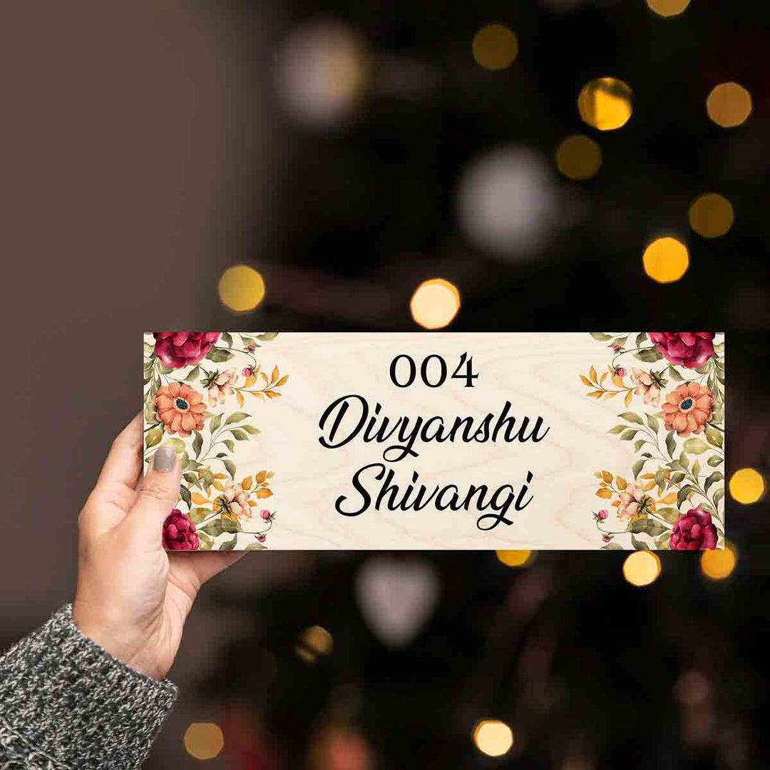 Printed Floral Wooden Rectangle Nameplate For Family - Name Personalization Example Held by Hand