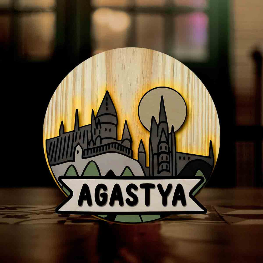 Kids Circular 3D Hogwarts Themed Nameplate With Lights - Front View with Name Personalization