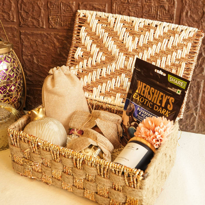 Diwali Delight Gift Hamper | Includes 1 Vase, 1 Candle, 1 Hershey's Chocolate, 2 Dry Fruit Jars, 2 Hangings, 1 Diwali Card, 1 Gift Box