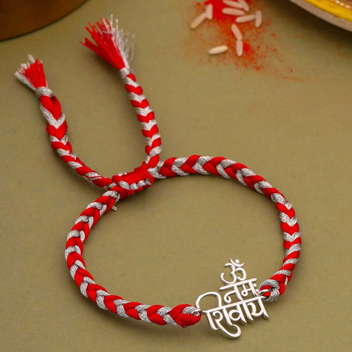 Handmade Nama Shivaya Design Religious Silver Rakhi For Brother - Front View