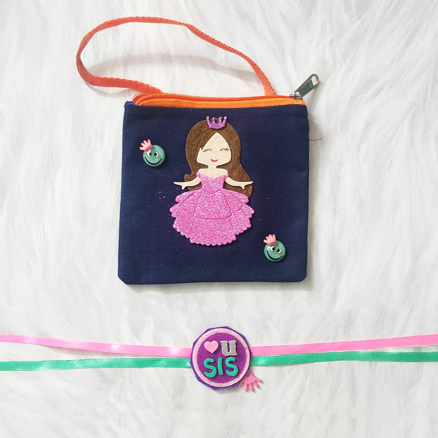 Handmade Princess Theme Felt Rakhi Hamper With Roli Chawal Includes 1 Sling Bag 1 Rakhi - Zipped Pouch with Wrist Strap Front
