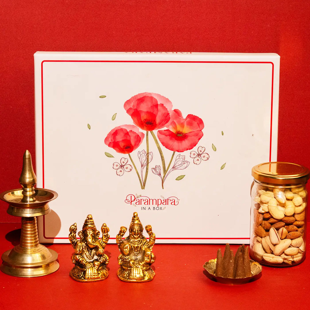 Blessings in a Box Diwali Gift Hamper | Includes 1 Lakshmi Idol, 1 Ganesh Idol, 1 Samai, 1 Dry Fruits Jar, 1 Dhoop Cones Pack
