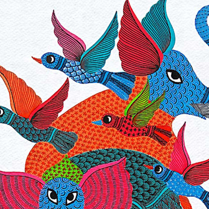 11 x 15 Inch | Colorful Elephant & Birds in Harmony | Original Hand painted Tribal Gond Art Painting | Acrylic Paints On Paper