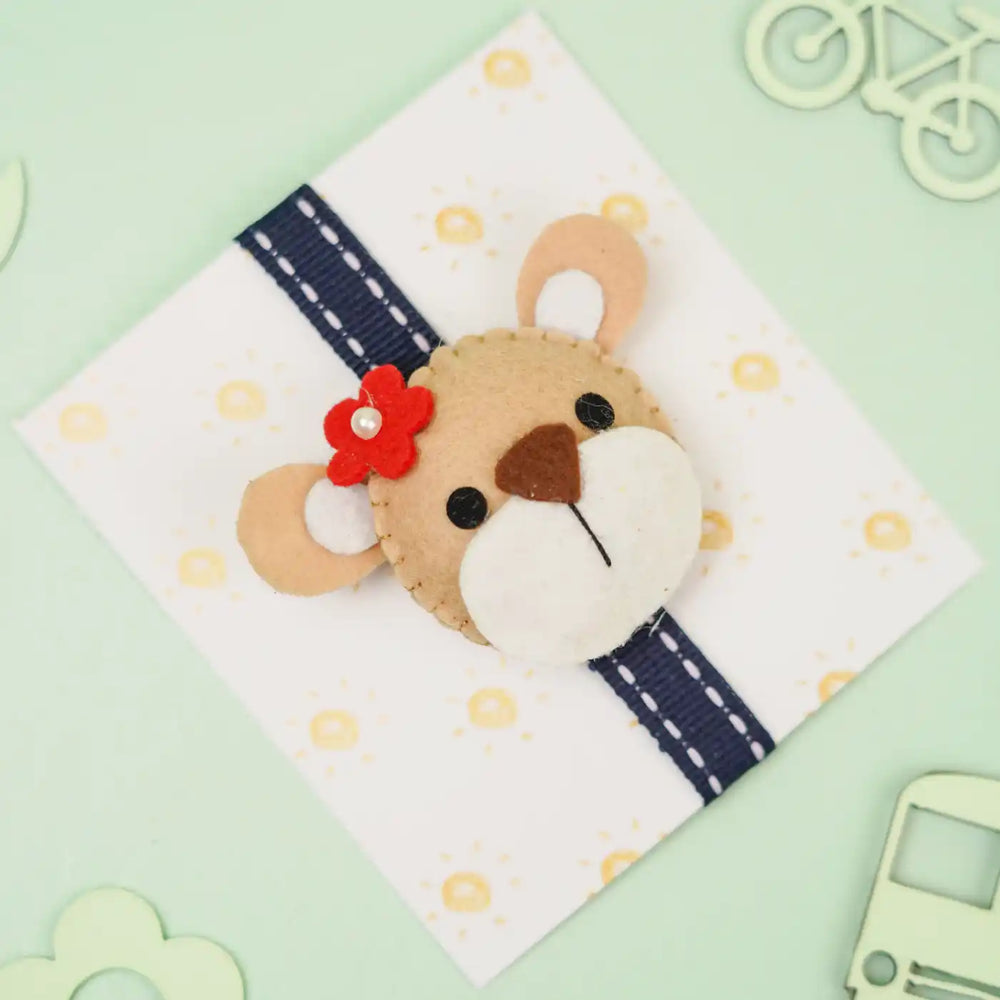 Handmade Bear Theme Felt Kids Rakhi With Roli Chawal - Flat Lay with Gift Card
