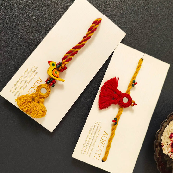 Handmade Mirror Work Bird & Tassels Bhaiya Bhabhi Rakhi With Roli Chawal