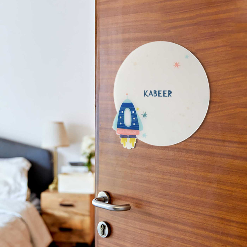 Personalized Space Explorer Theme Acrylic Kids Name Plate - Mounted on Room Door Front View