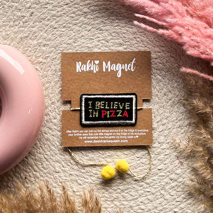 Handmade Reusable I Believe In Pizza Felt Kids Rakhi - Styled Product Display with Packaging
