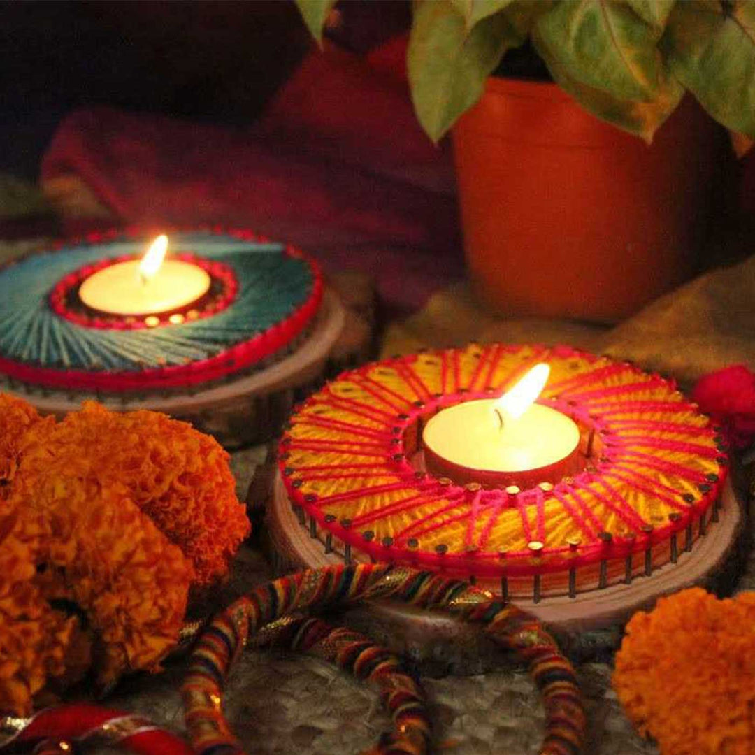 Handmade String Art Pink And Teal Flower Design Mdf Wood Tealight Holder | Set Of 2
