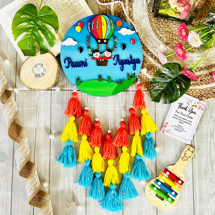 Personalized Hand Painted Sibblings In A Hot Air Balloon Mdf Wood Kids Name Plate - Top View with Decorative Tassels