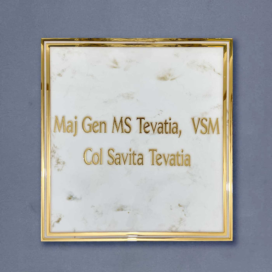 Personalized White And Gold Marble Textured Resin Name Plate - Front View with Text Engraving