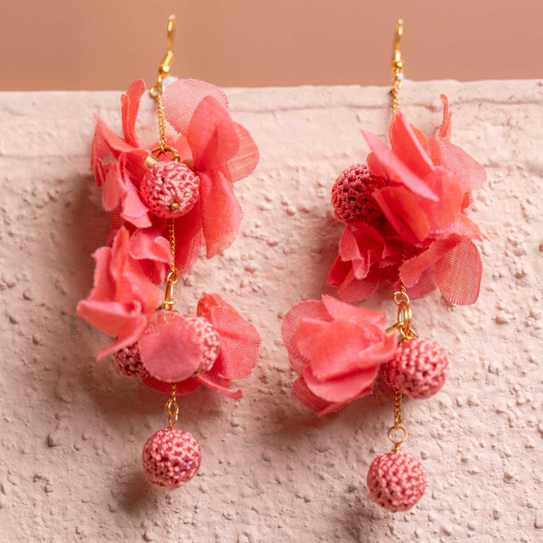 Handmade Crochet Pink Drops Viscose Thread Swing Earrings