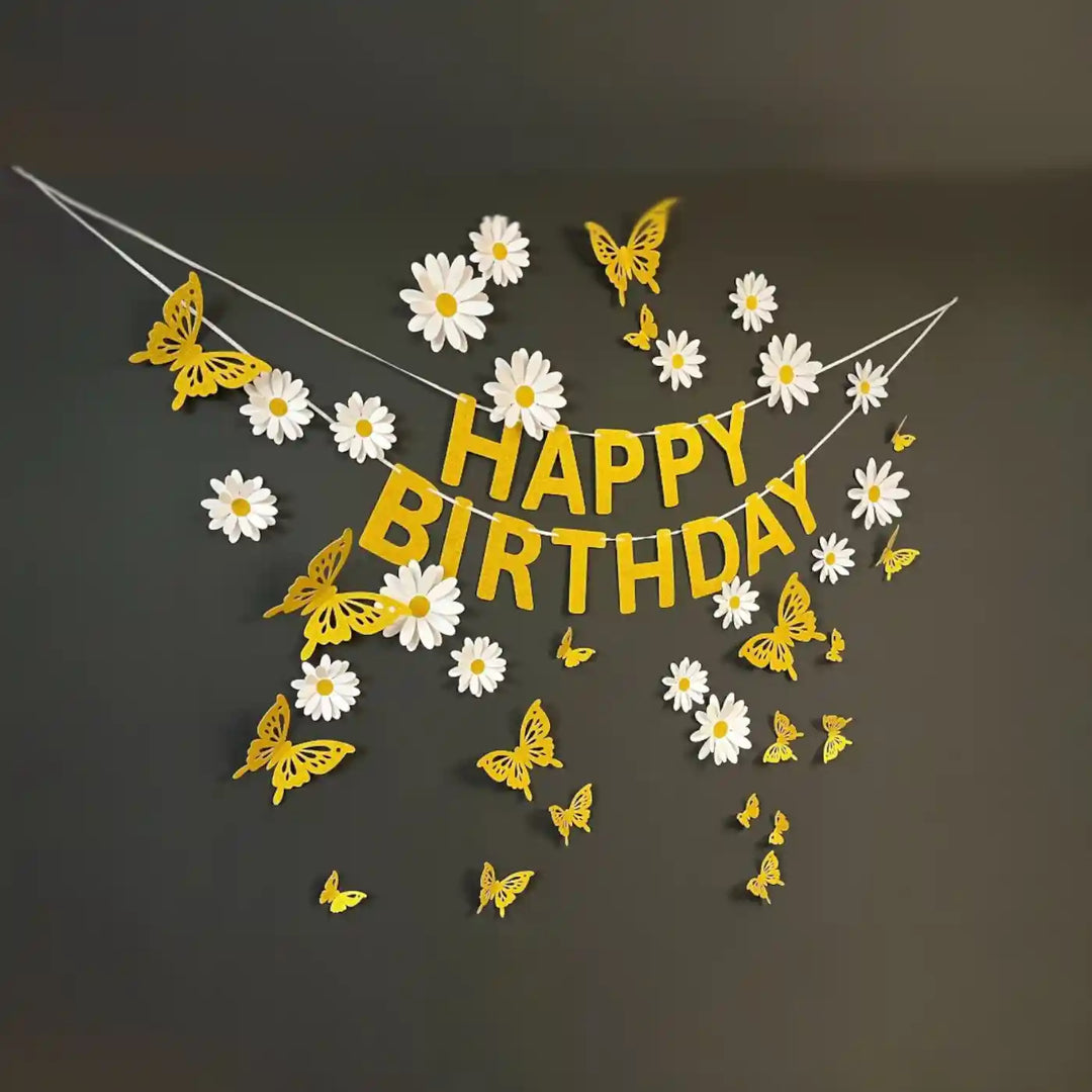 White Daisy And Butterflies Design Happy Birthday Paper Bunting