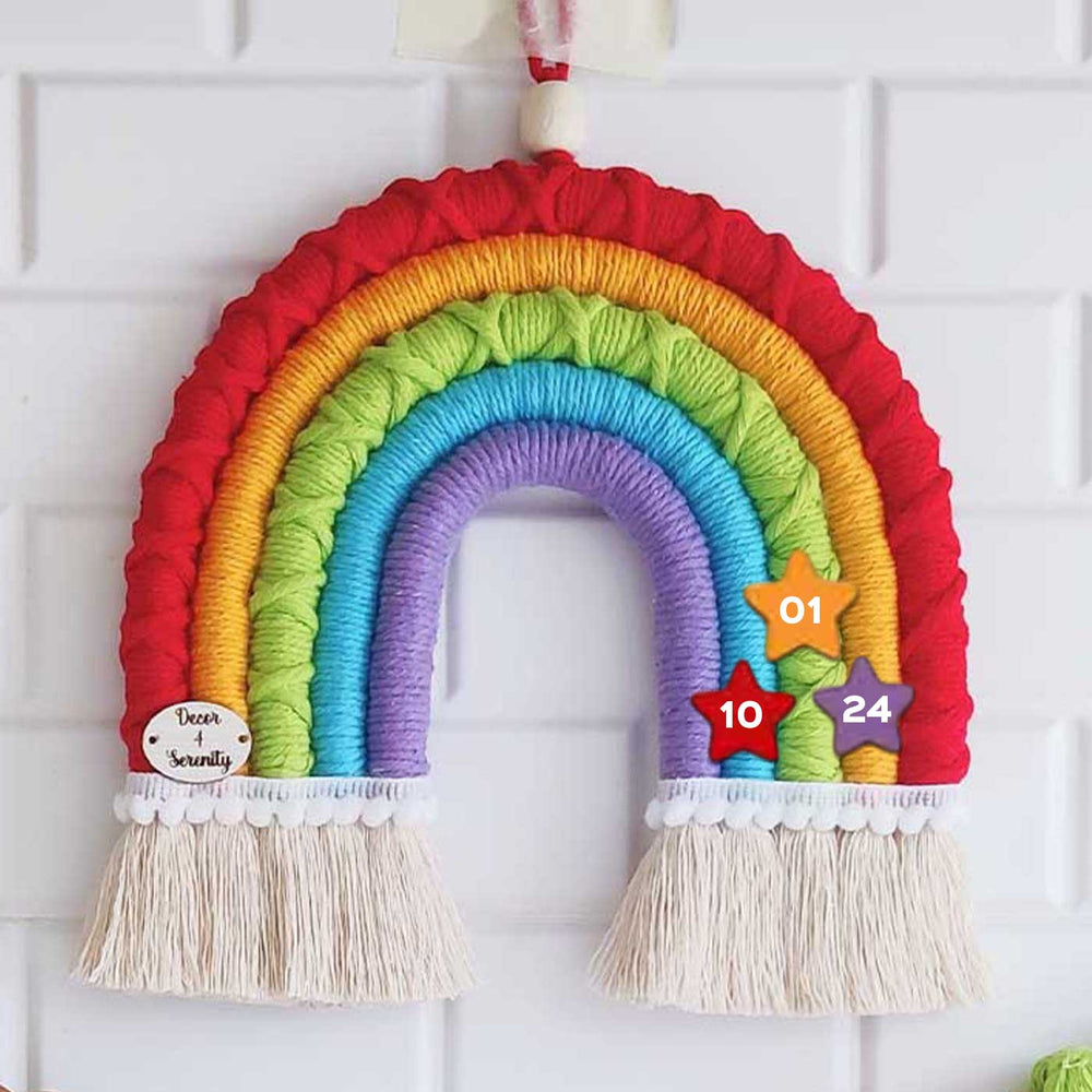 Personalized Handmade Macrame Multicolour Rainbow Kids Name Plate Bunting Combo - Front View Hanging on Wall