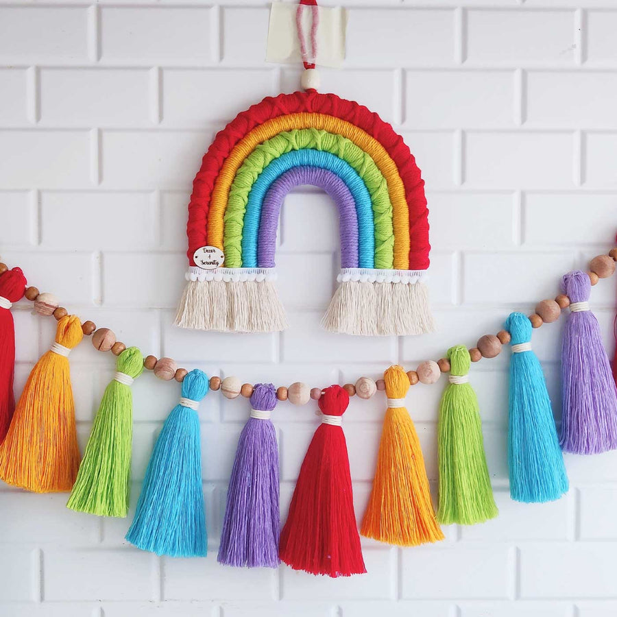 Personalized Handmade Macrame Multicolour Rainbow Kids Name Plate Bunting Combo - Hanging on White Brick Wall