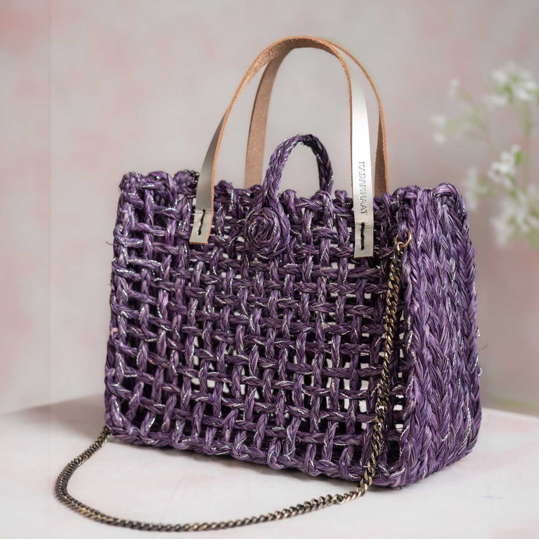 Handmade Grass Woven Boxed Metal Chain Strap Lavender Sabai Mesh Sling Bag