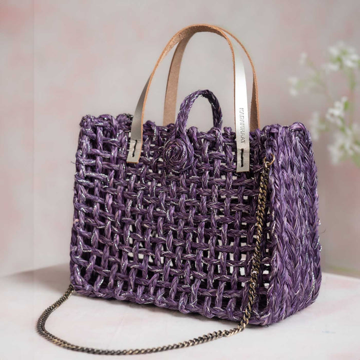 Handmade Grass Woven Boxed Metal Chain Strap Lavender Sabai Mesh Sling Bag