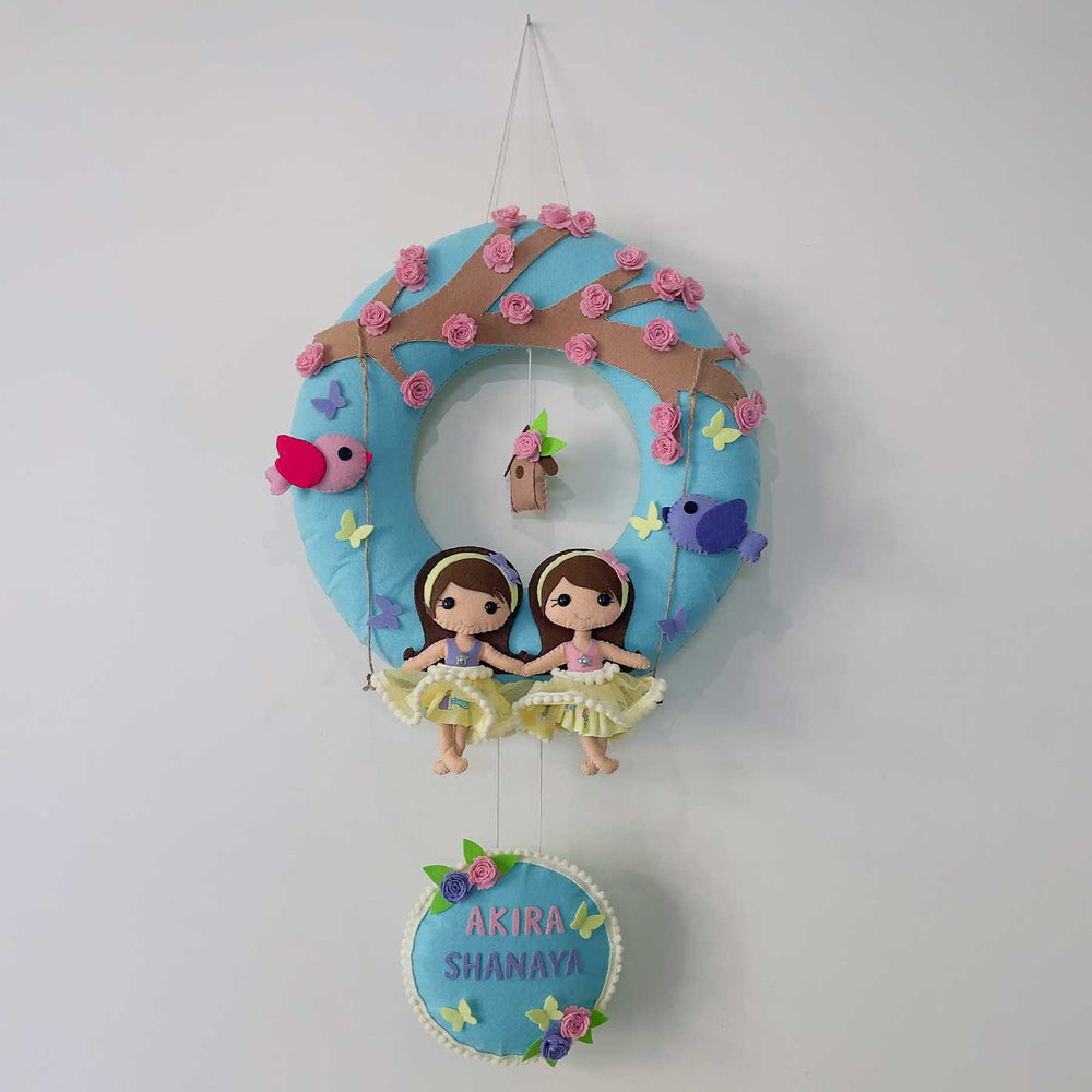 Personalized Handmade Blue Mermaid Theme Felt Hoop Name Plate For Siblings - Front View Hanging on Wall