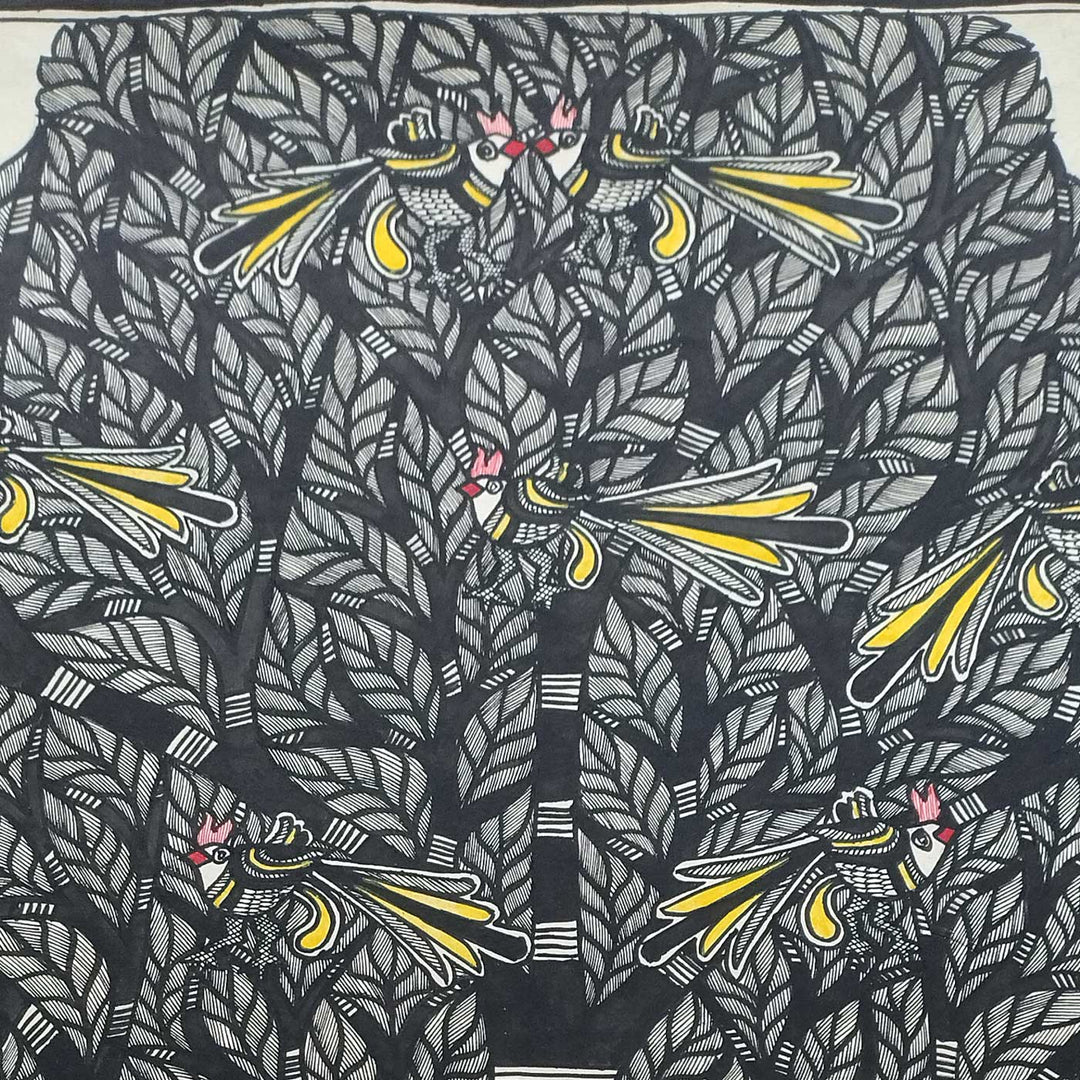 22 x 30 Inch | Birds In Tree | Original Hand Painted Madhubani Painting | Natural Pigments On Paper