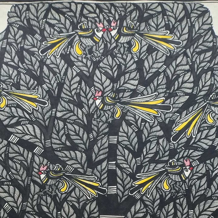 22 x 30 Inch | Birds In Tree | Original Hand Painted Madhubani Painting | Natural Pigments On Paper