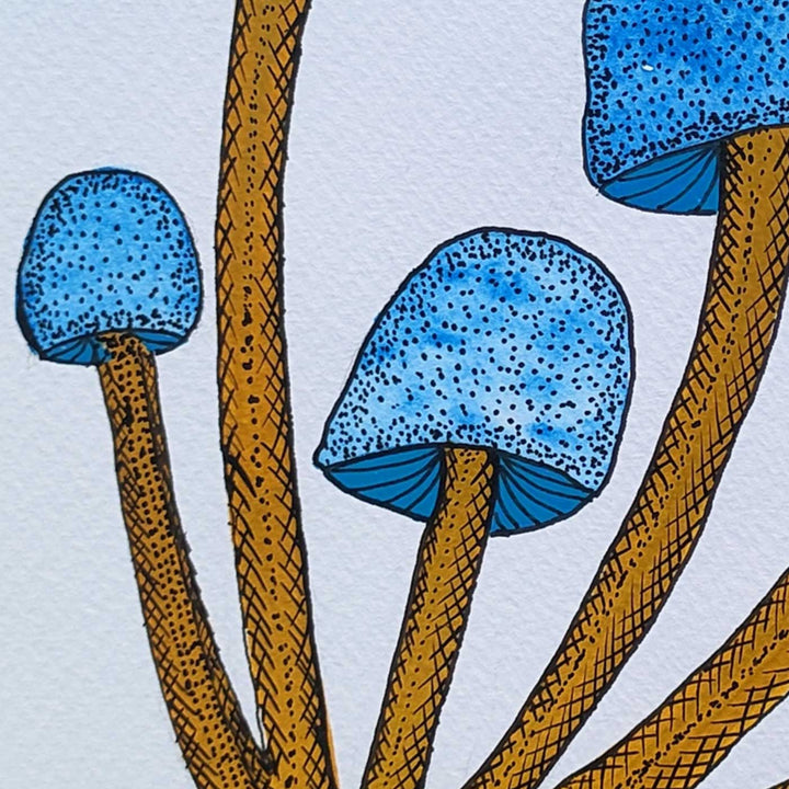 8 x 11 Inch | Blue Mashroom | Original Hand Painted Tribal Gond Art Painting | Acrylic Paints On Paper