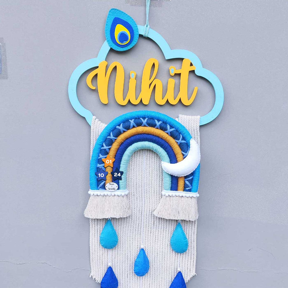 Personalized Handmade Macrame Krishna Morpankh Kids Name Plate With 3D Letters - Hanging Front View Showing Details
