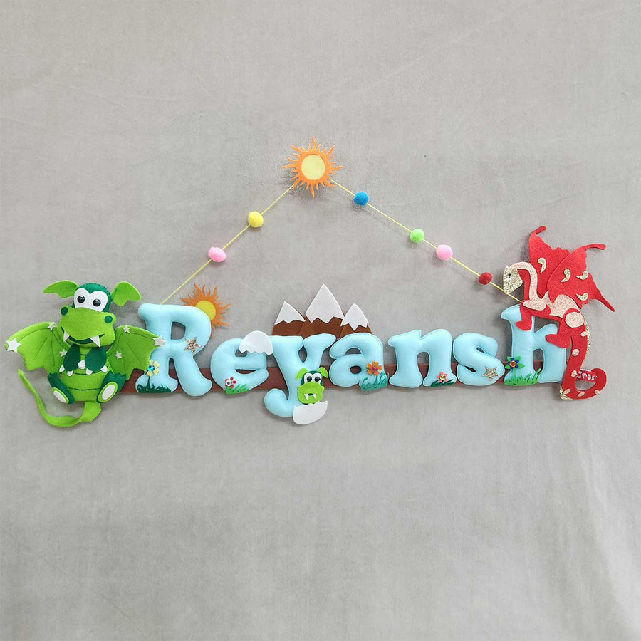 Personalized Dragon Theme Felt Kids Name Plate - Hanging Name Decoration Front View