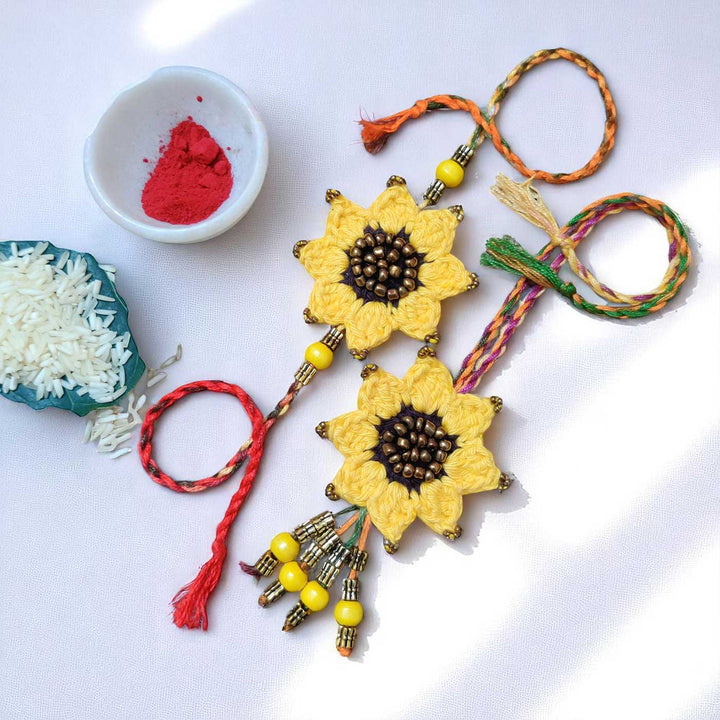 Handmade Crochet Sunflower Theme Cotton Rakhi With Roli Chawal For Bhaiya And Bhabhi - Styled with Traditional Elements
