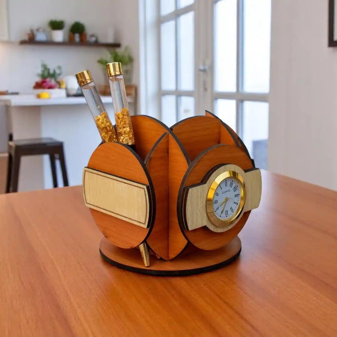 Personalized Clock Design Wooden Pen Holder