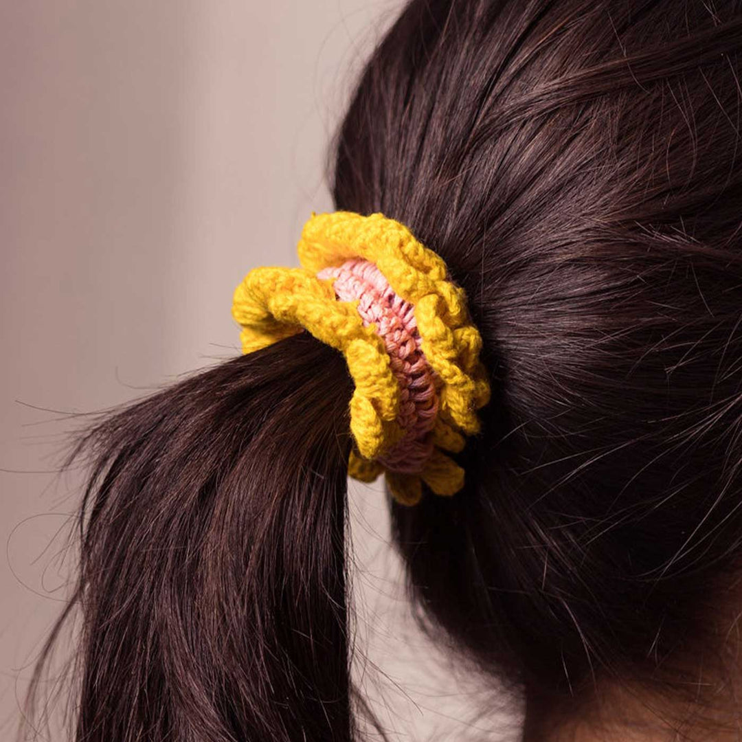 Handmade Crochet Guncha Yellow Pink Foliage Bloom Scrunchie | Set Of 2