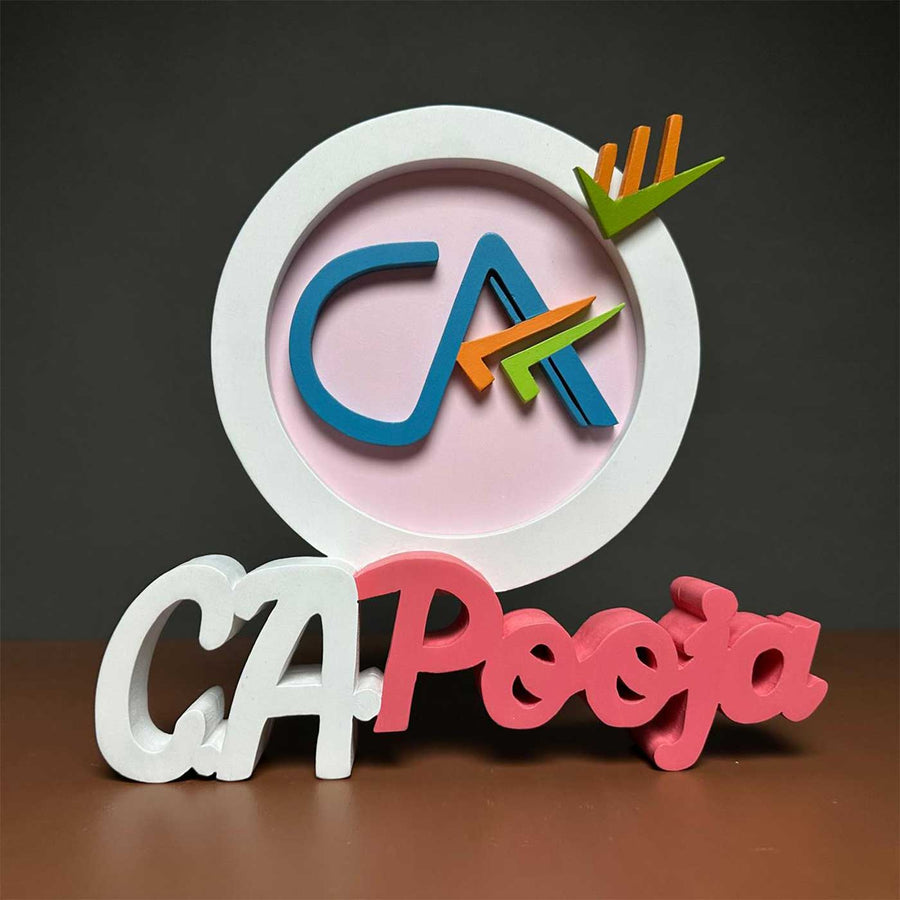 Personalized Pink And White Ca Mdf Wood Desk Name Plate - Front View on Flat Surface