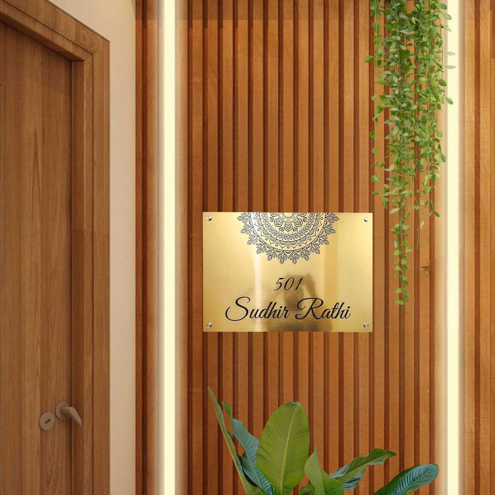 Personalized Weatherproof Stylish Gold Stainless Steel Name Plate - Mounted on Entryway Wall with Decor