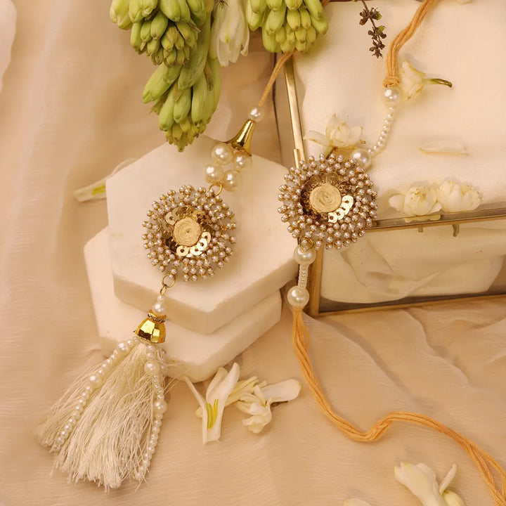 Handmade Golden Cowry Shell Bhaiya Bhabhi Rakhi With Roli Chawal | Set Of 2