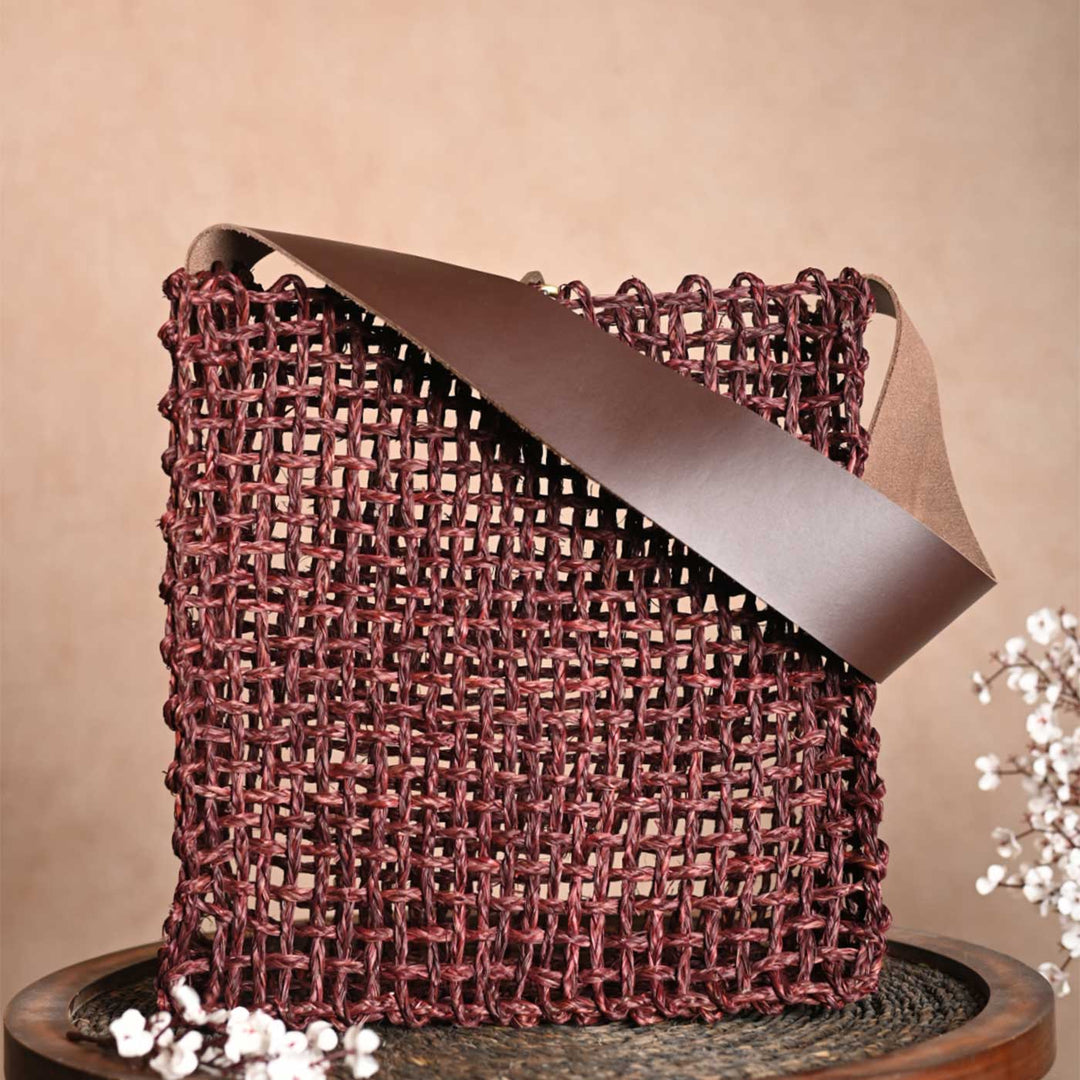 Handmade Grass Woven Box Shaped Leather Strap Brown Sabai Mesh Tote Bag