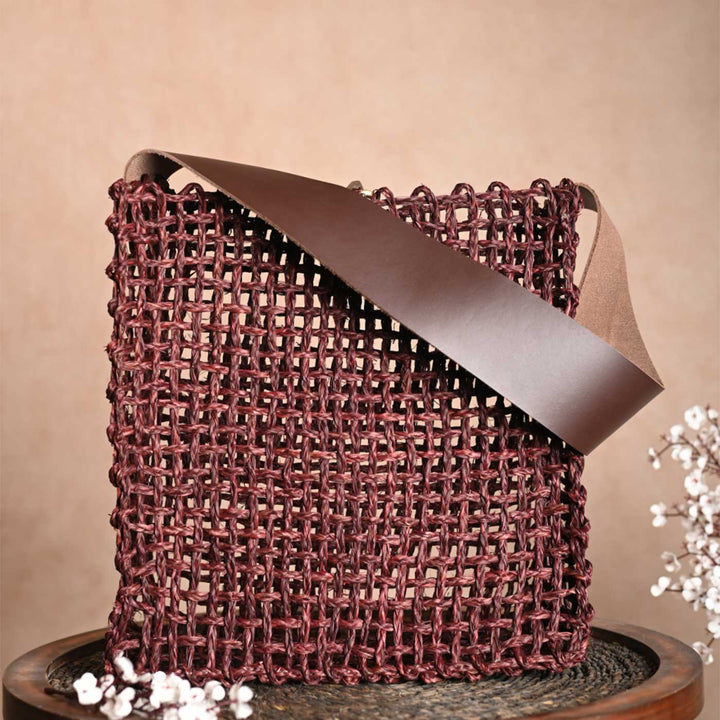 Handmade Grass Woven Box Shaped Leather Strap Brown Sabai Mesh Tote Bag