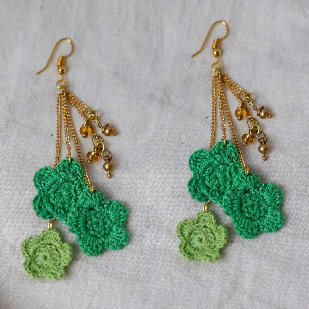 Handmade Crochet Green Poppies Viscose Thread Swing Earrings