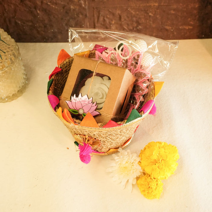 Fragrant Threads Mini Diwali Gift Hamper | Includes 1 Diffuser, 2 Hangings, 1 Diwali Card, 1 Jute Basket