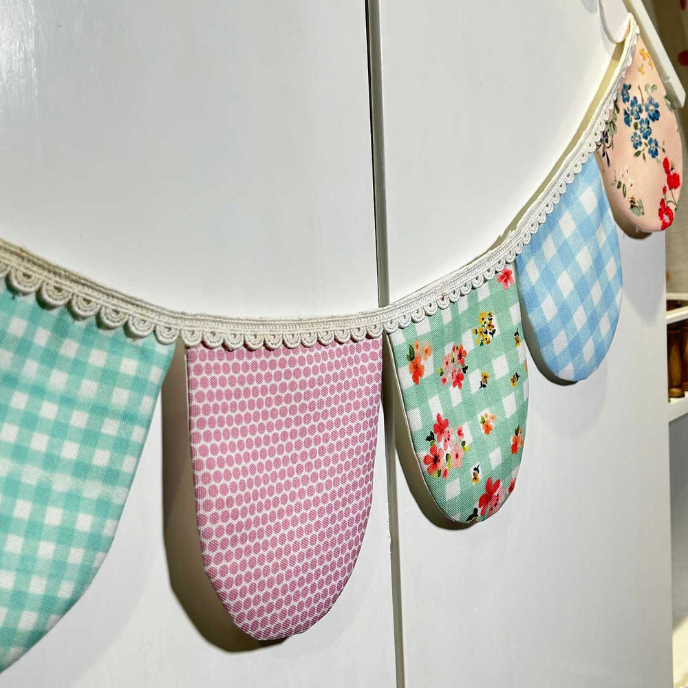 Handmade Multicolour Semi Circular Cotton Bunting - Close-up of Hanging Bunting Angle