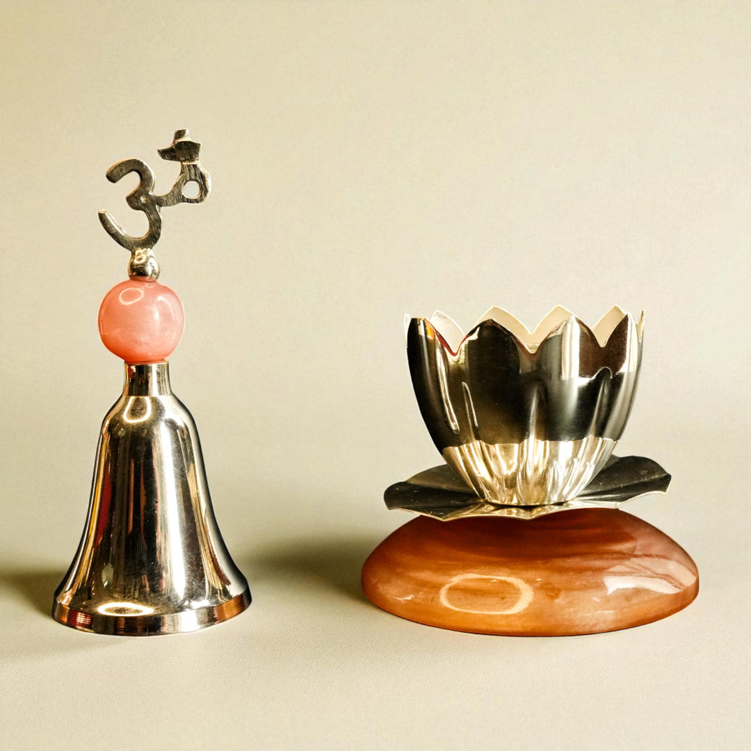 Silver Coated Brass Divine Prayer Bell & Diya Set