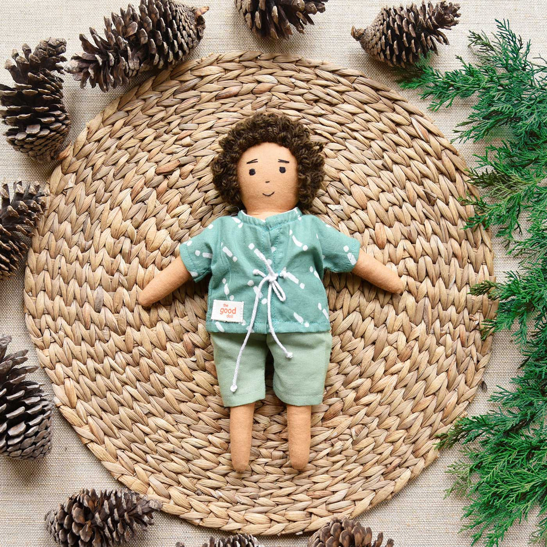 Nilah's (Younger Brother) Raagu In Shirt & Pant | Soft Hand-Stitched Sustainable Indian Play Doll