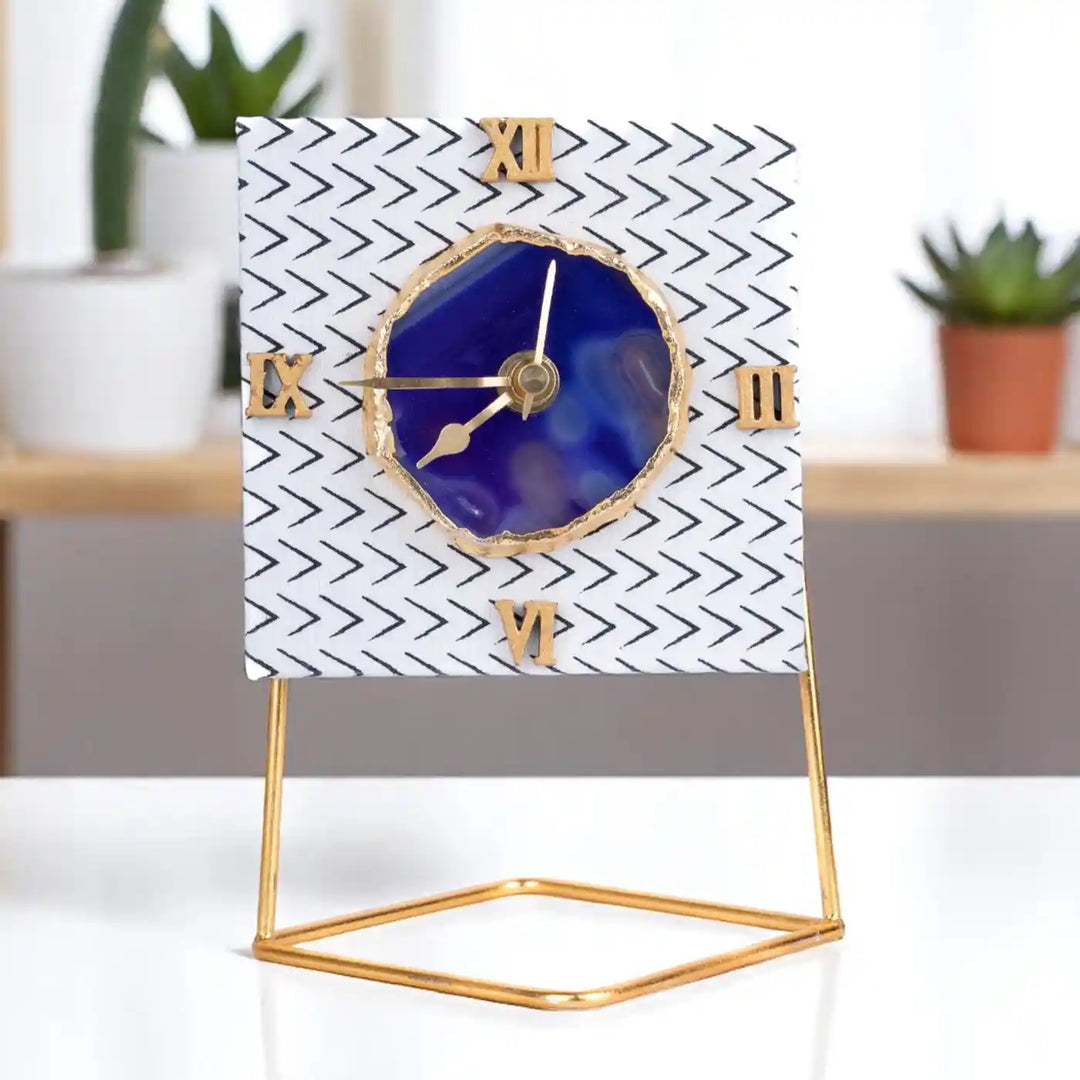 Black And White Square Cotton Fabric Coated MDF Desk Clock With Agate Accent | 6 x 4 x 3.5 inch