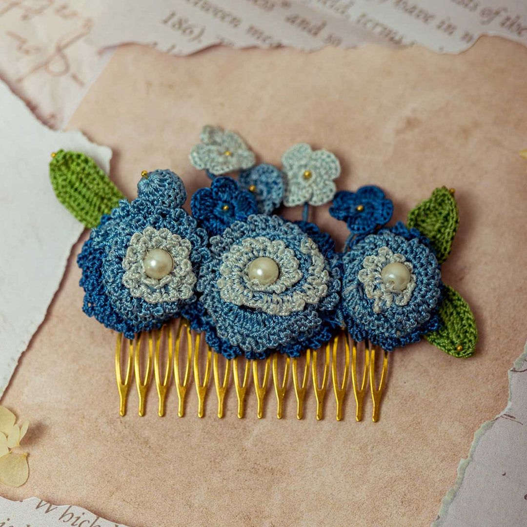Handmade Crochet Guncha Blue Daisy Bush Hair Comb Pin