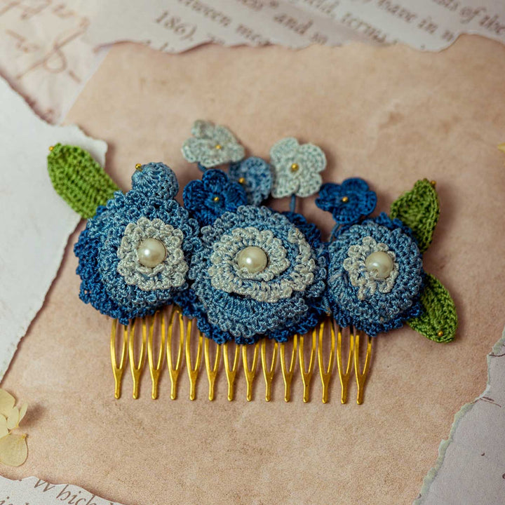 Handmade Crochet Guncha Blue Daisy Bush Hair Comb Pin