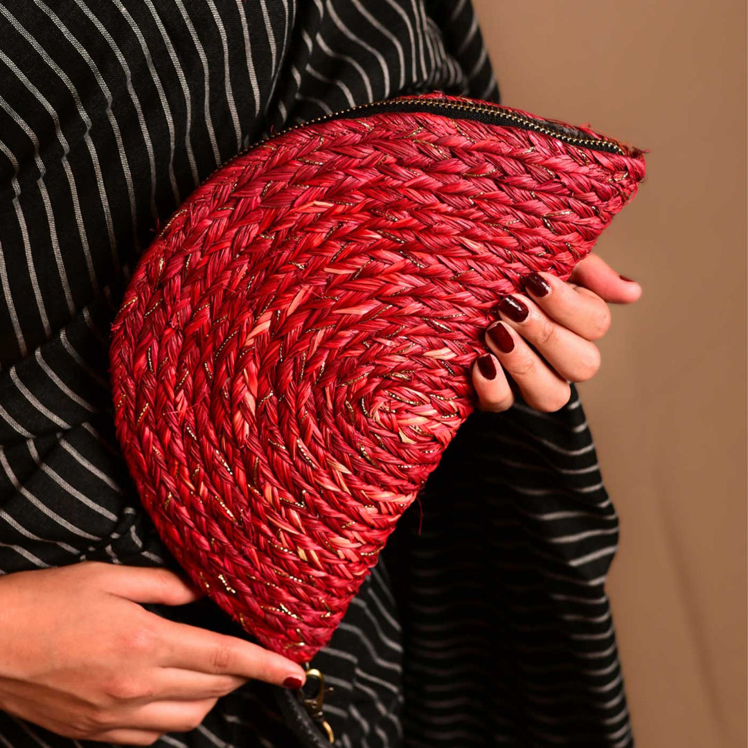 Handmade Grass Woven Red Boho Sanai Clutch