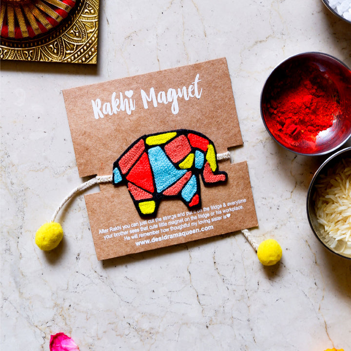 Handmade Reusable Elephant Theme Pom Pom Felt Rakhi For Brother - On Card Packaging Display
