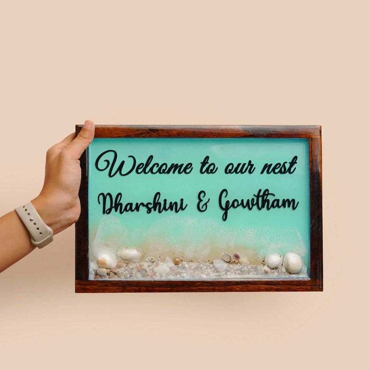 Personalized Beach Theme Resin Name Plate For Couples - Handheld Front View with Personalization