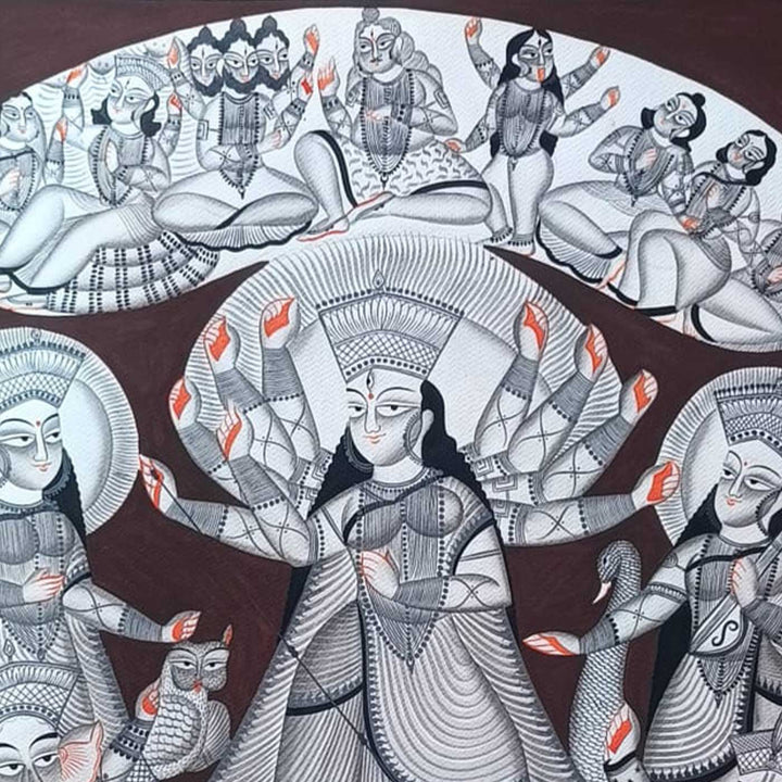30 x 22 Inch | Durga Puja Themed | Original Hand Painted Kalighat Painting | Natural Pigment On Paper