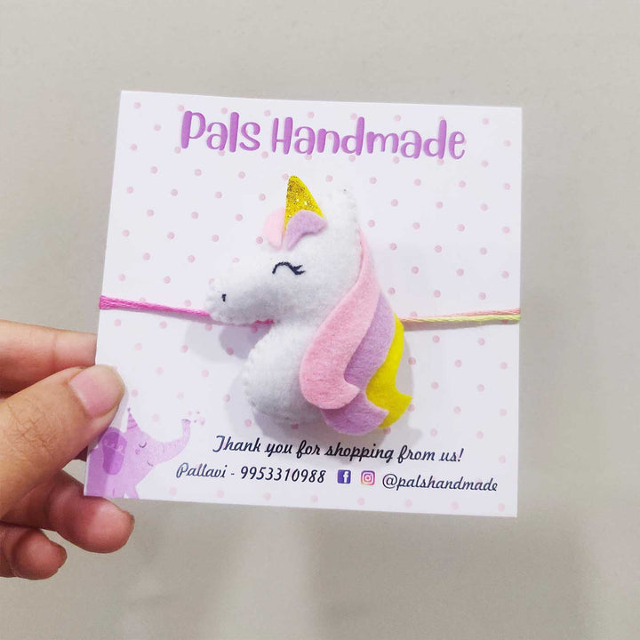 Handmade Unicorn Theme Felt Kids Rakhi With Roli Chawal - Unicorn Bookmark on Branded Card