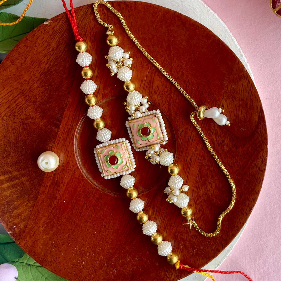 Handmade Square Flower Design Pearl And Stone Bhaiya Bhabhi Rakhi - Full Set Laid Flat